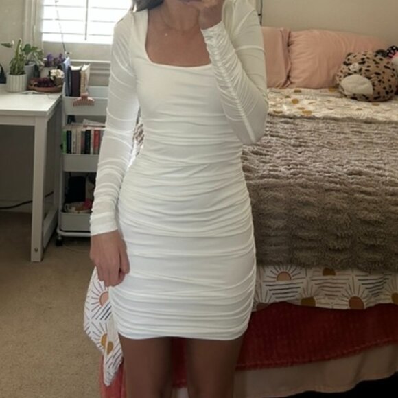 Long Sleeve Square Neck Ruched Bodycon Mini Cocktail Dress - Picture 1 of 3